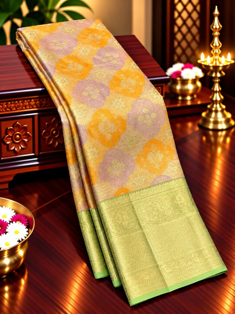 Multicolor Floral Pure Kanchipuram Silk Saree with Sage Green Zari Border & Rich Gold Pallu
