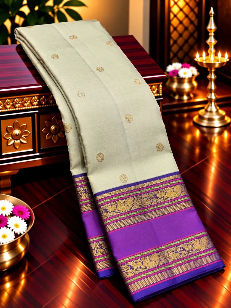 Ice Blue Pure Kanchipuram Silk Saree with Purple Zari Border & Peacock Pallu | Bridal Saree