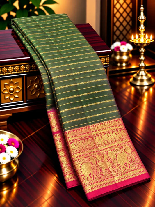 Dual-Tone Purple & Green Pure Kanchipuram Silk Saree with Magenta Gold Zari Border | Bridal Saree