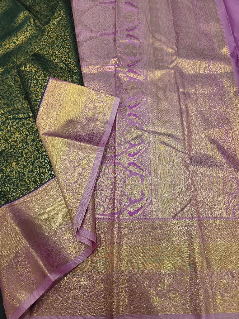 Emerald Green Semi Kanchipuram Silk Saree with Lavender Purple Gold Zari Border & Rich Pallu