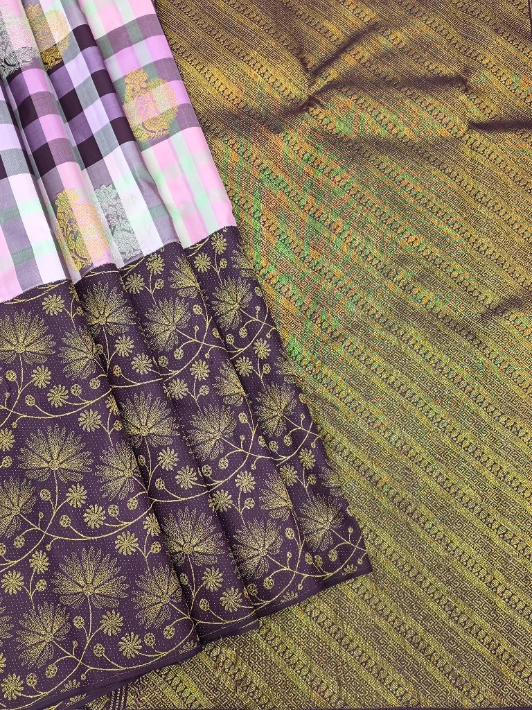 Pastel Multicolor Checks Pure Kanchipuram Silk Saree with Purple Floral Zari Border | Bridal Silk Saree