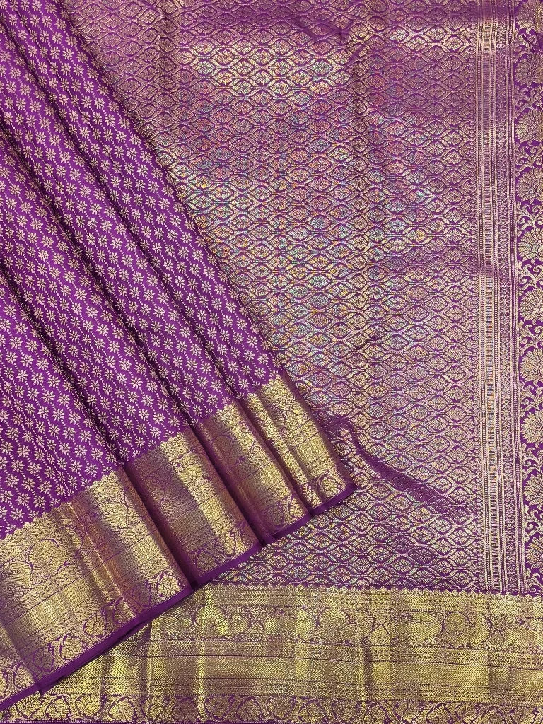 Royal Purple Pure Kanchipuram Silk Saree with Gold Zari Floral Buttas & Rich Bridal Pallu