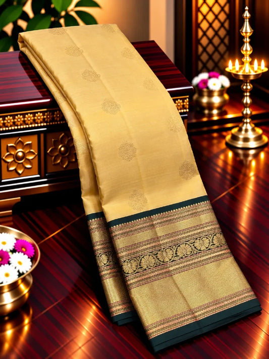 Ivory Pure Kanchipuram Silk Saree with Navy Blue Antique Gold Zari Border | Bridal Saree