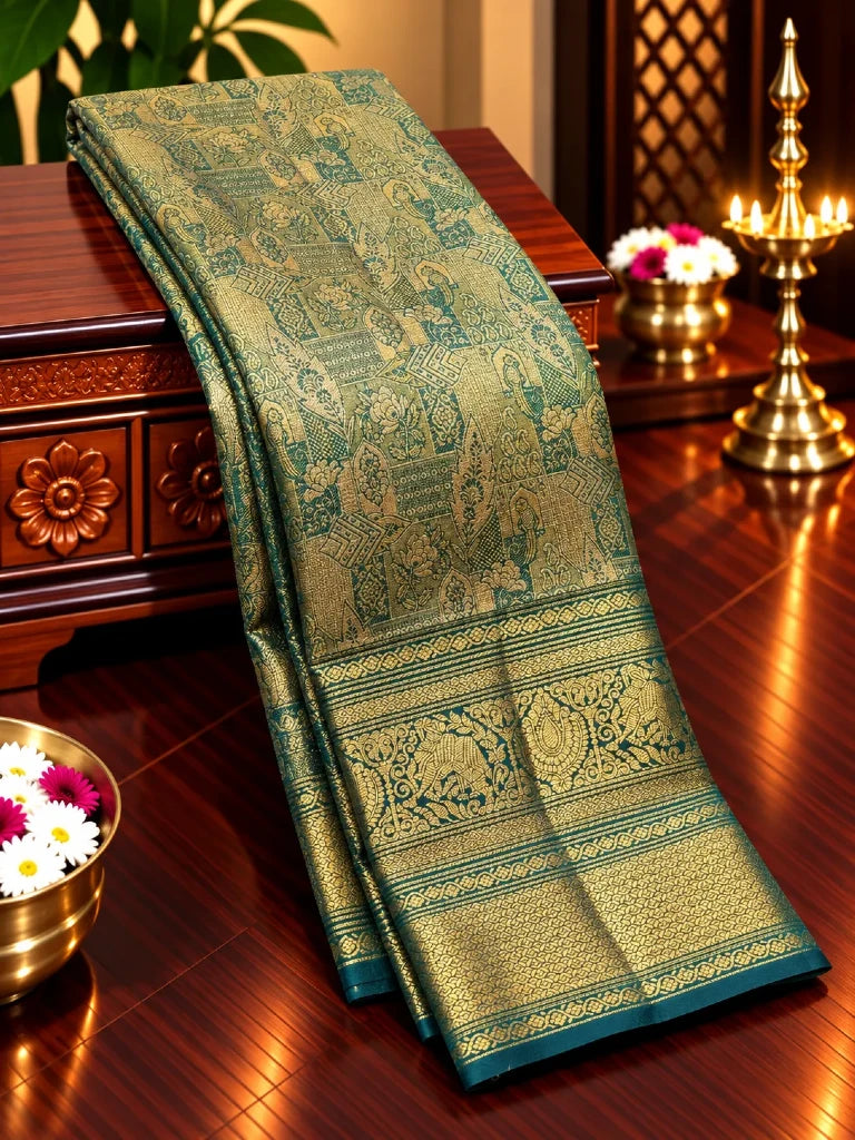 Royal Teal Blue Pure Kanchipuram Silk Saree with Antique Gold Zari Border & Traditional Motifs | Bridal Silk