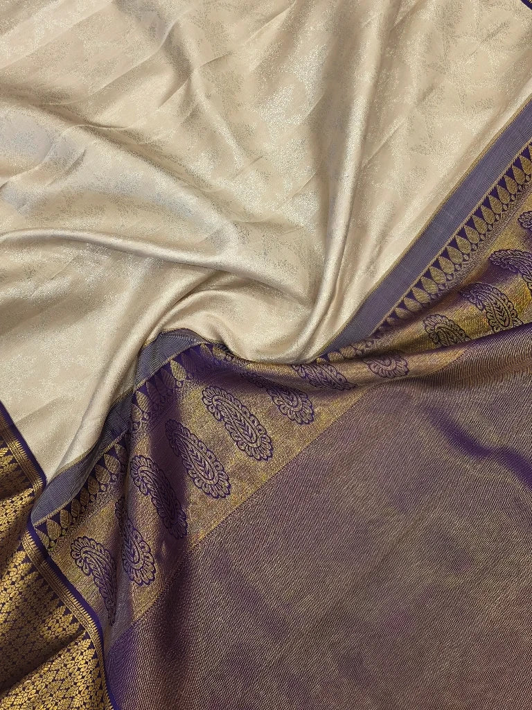 Ivory White Pure Kanchipuram Silk Saree with Royal Purple Gold Zari Border | Traditional Bridal Silk Saree