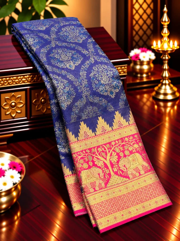 Royal Navy Blue Pure Kanchipuram Silk Saree with Pink Elephant Zari Border | Traditional Bridal Saree