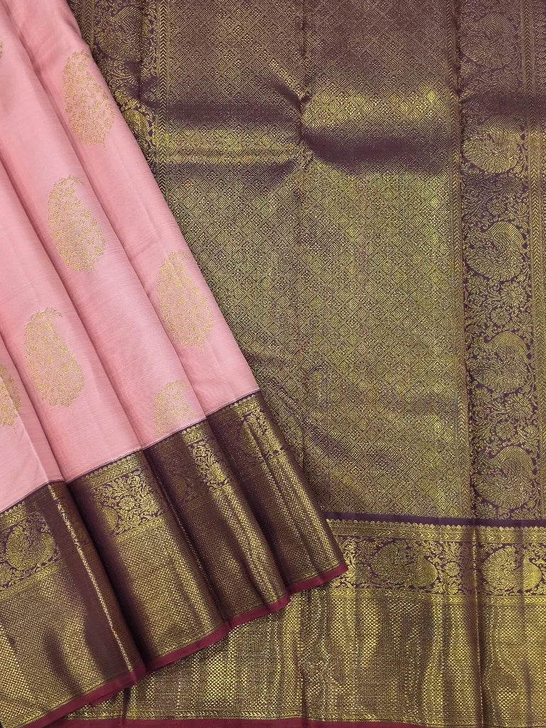 Baby Pink Pure Kanchipuram Silk Saree with Maroon Gold Zari Border | Bridal Saree
