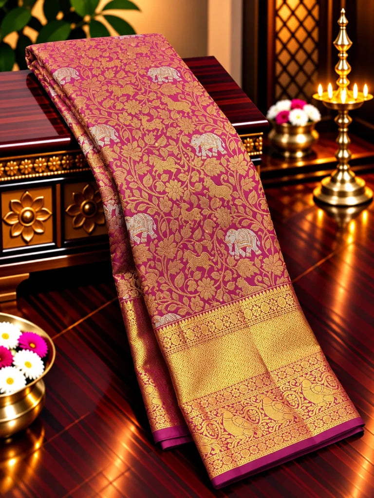 Royal Wine Purple Pure Kanchipuram Silk Saree with Elephant Motifs & Rich Gold Zari Border | Bridal Saree
