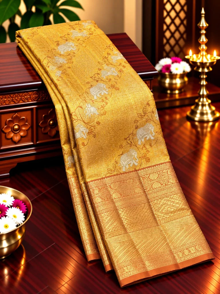 Antique Gold Pure Kanchipuram Silk Saree with Silver Elephant Motifs & Copper Zari Border