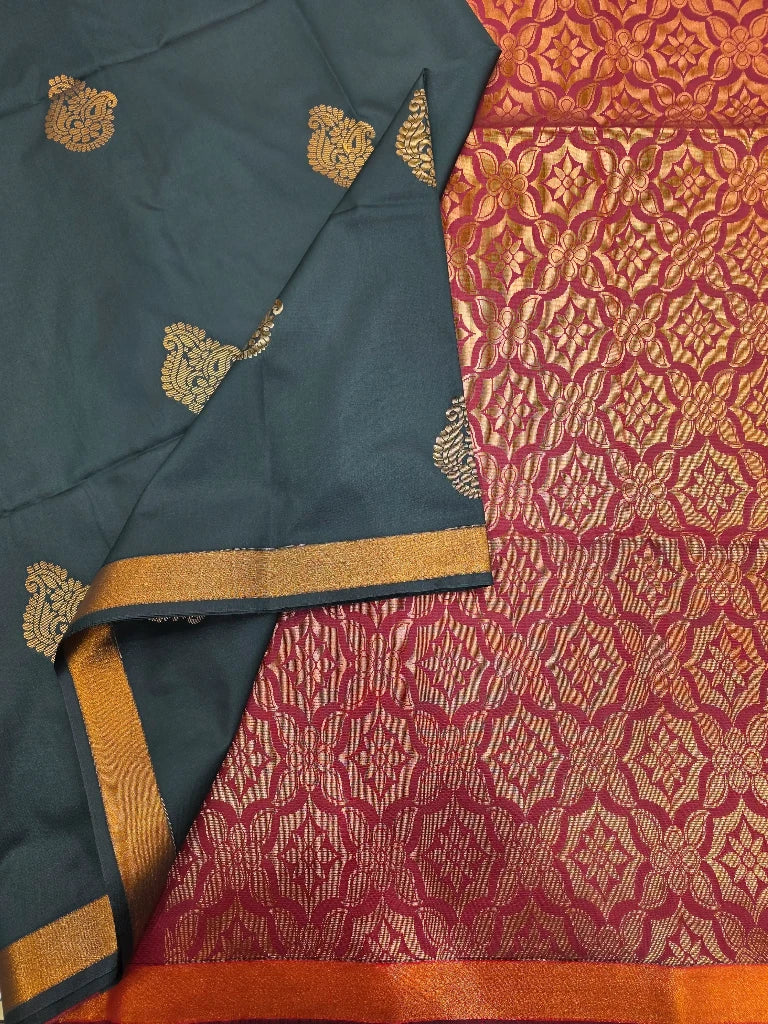 Dark Teal Green Semi Kanchipuram Silk Saree with Gold Zari Paisley Buttas & Magenta Pink Brocade Pallu