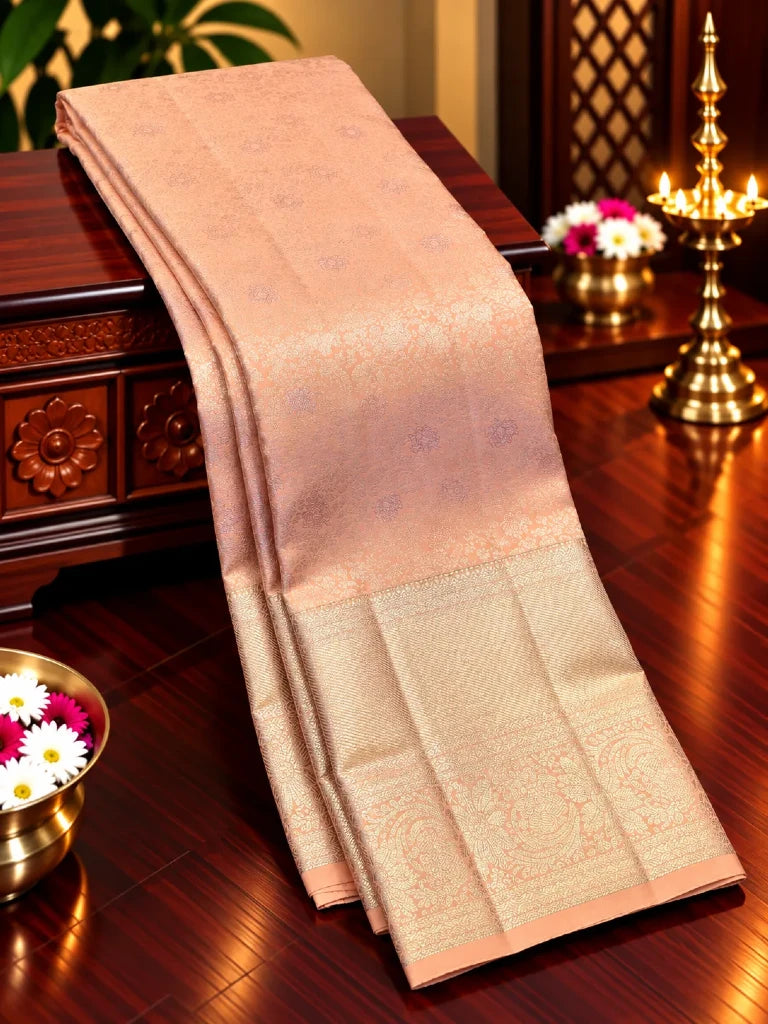 Elegant Peach Rose Gold Pure Kanchipuram Silk Saree with Rich Silver Zari Border | Bridal Silk Saree