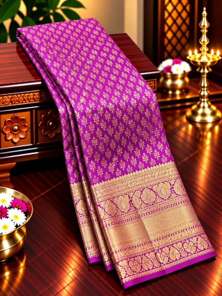 Royal Purple Pure Kanchipuram Silk Saree with Gold Zari Floral Buttas & Rich Bridal Pallu