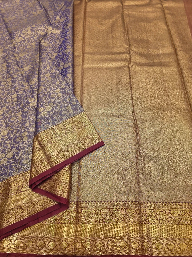 Lavender Purple Semi Kanchipuram Silk Saree with Rich Gold Zari Border & Grand Pallu