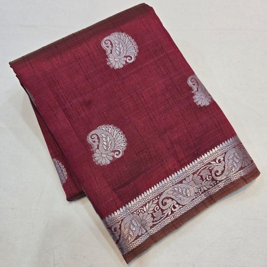 Elegant Red Woven Saree with Silver Butta & Striped Pallu