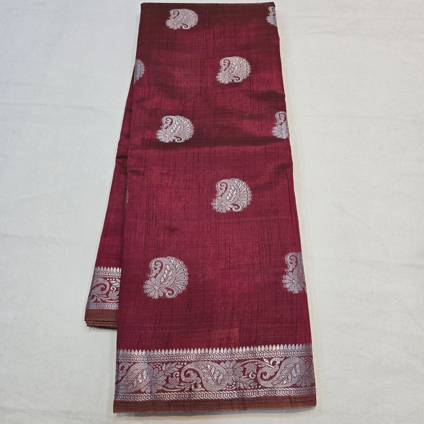 Elegant Red Woven Saree with Silver Butta & Striped Pallu