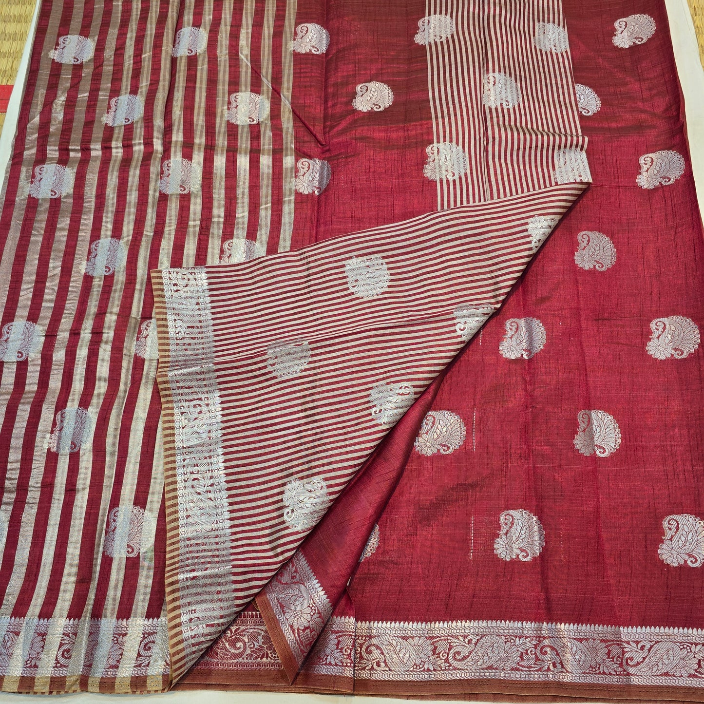 Elegant Red Woven Saree with Silver Butta & Striped Pallu