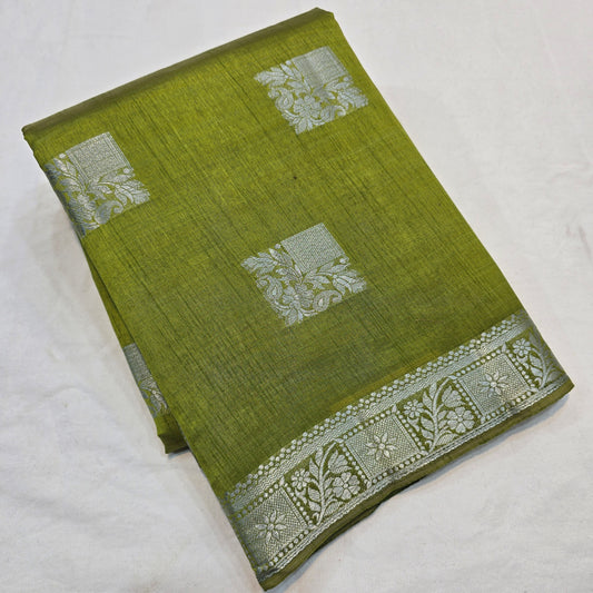 Rich Green Saree with Silver Butta & Striped Pallu