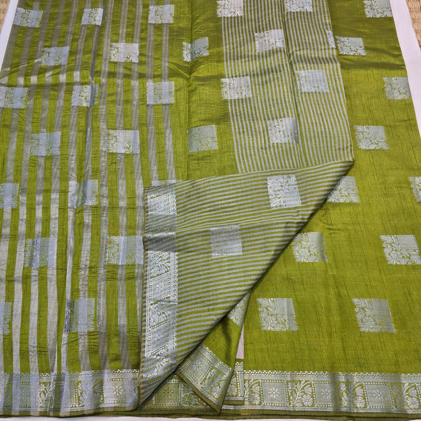 Rich Green Saree with Silver Butta & Striped Pallu