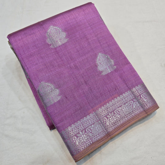 Rose Pink Saree with Silver Butta & Striped Pallu