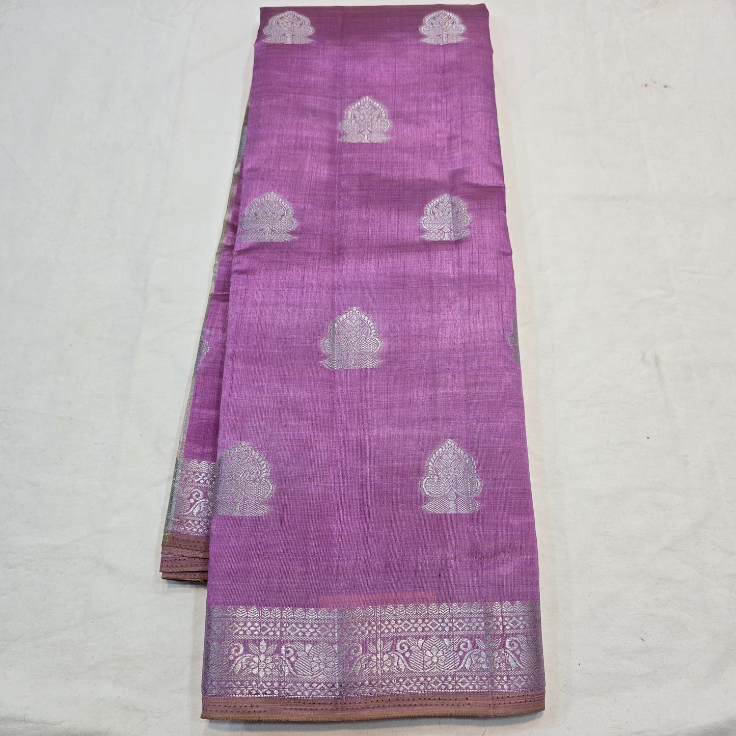 Rose Pink Saree with Silver Butta & Striped Pallu