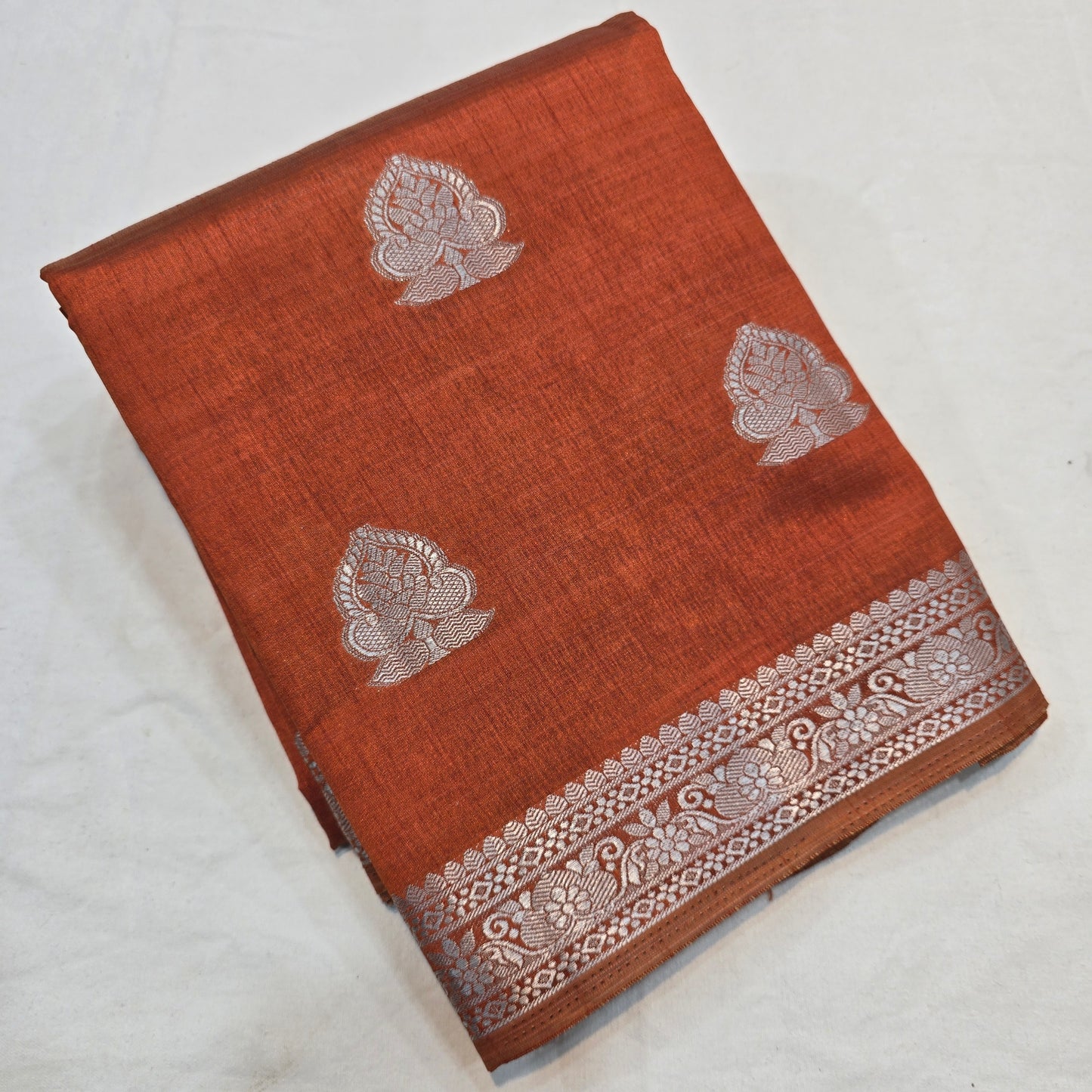 Bricks Color Saree with Silver Butta & Striped Pallu