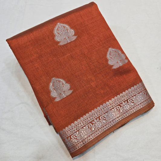 Bricks Color Saree with Silver Butta & Striped Pallu