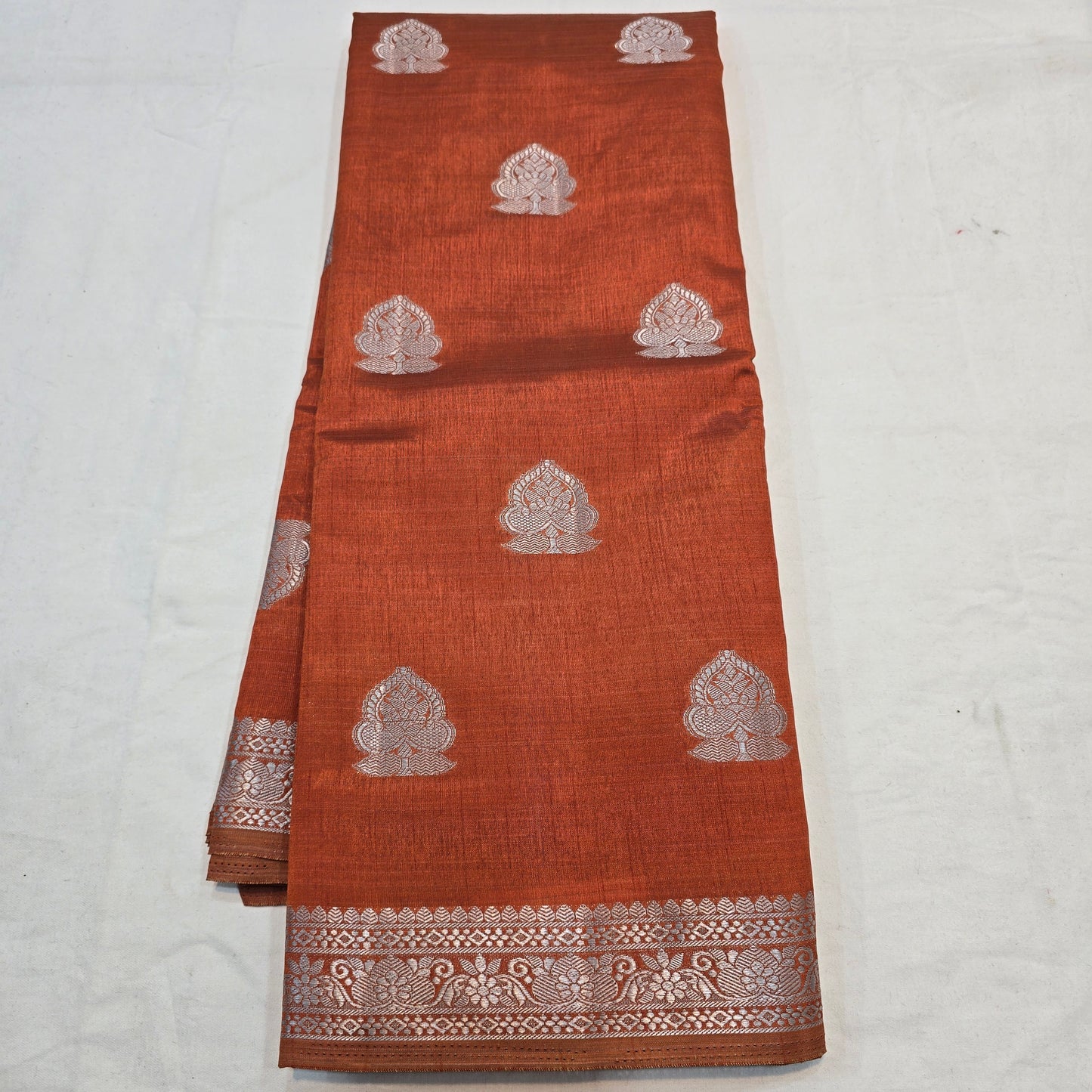 Bricks Color Saree with Silver Butta & Striped Pallu