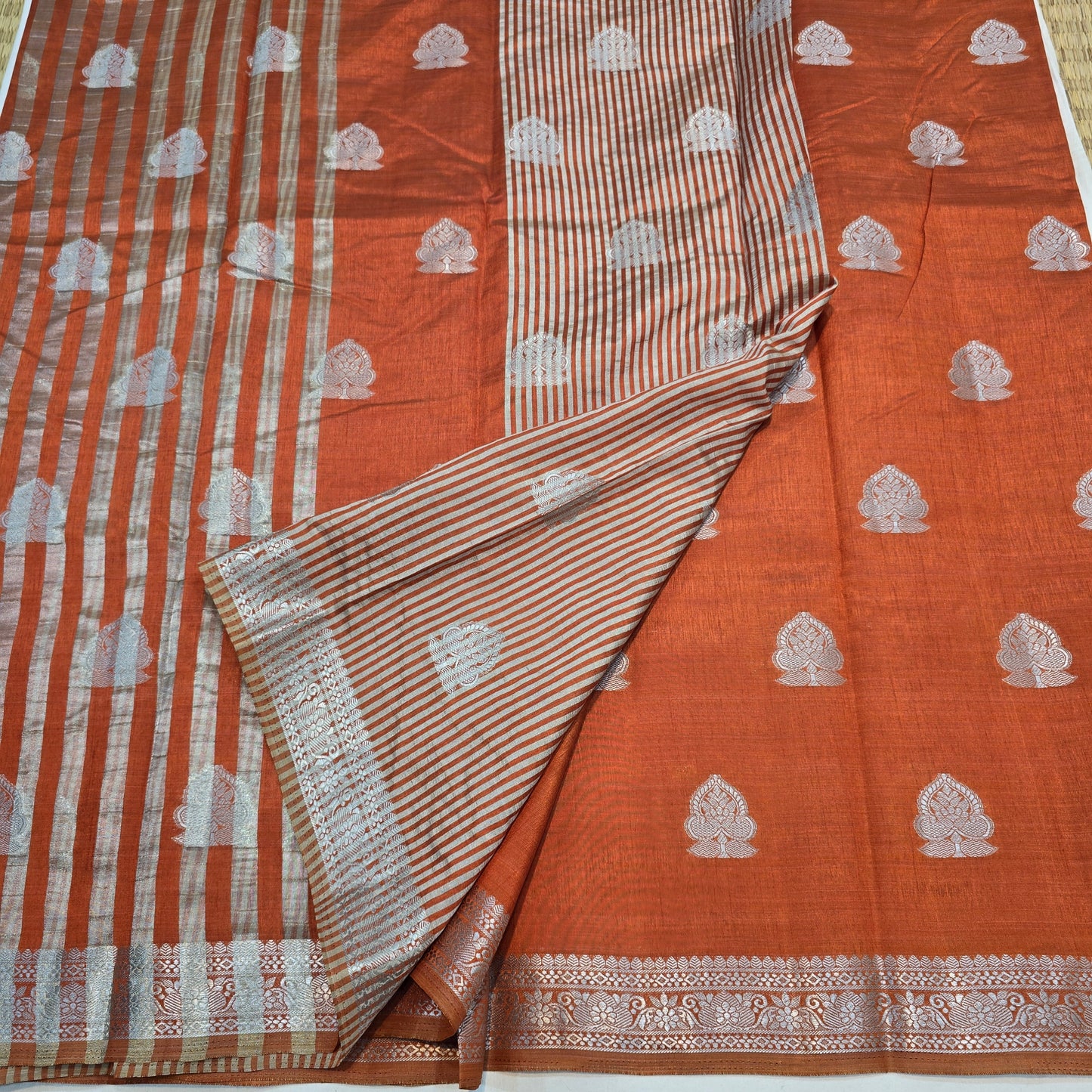 Bricks Color Saree with Silver Butta & Striped Pallu