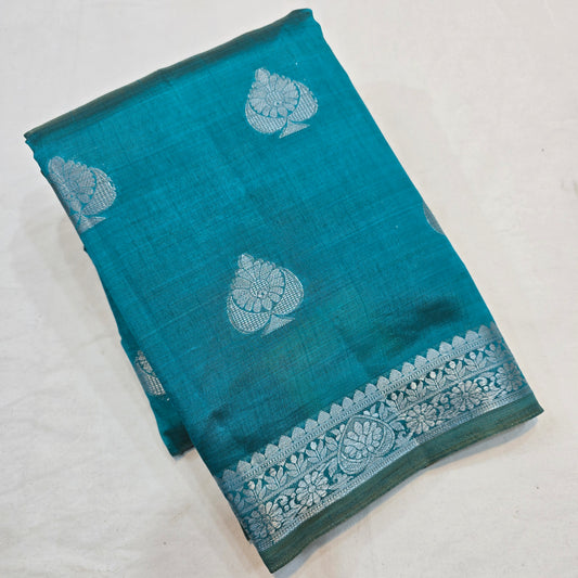 Rama Blue Color Saree with Silver Butta & Striped Pallu
