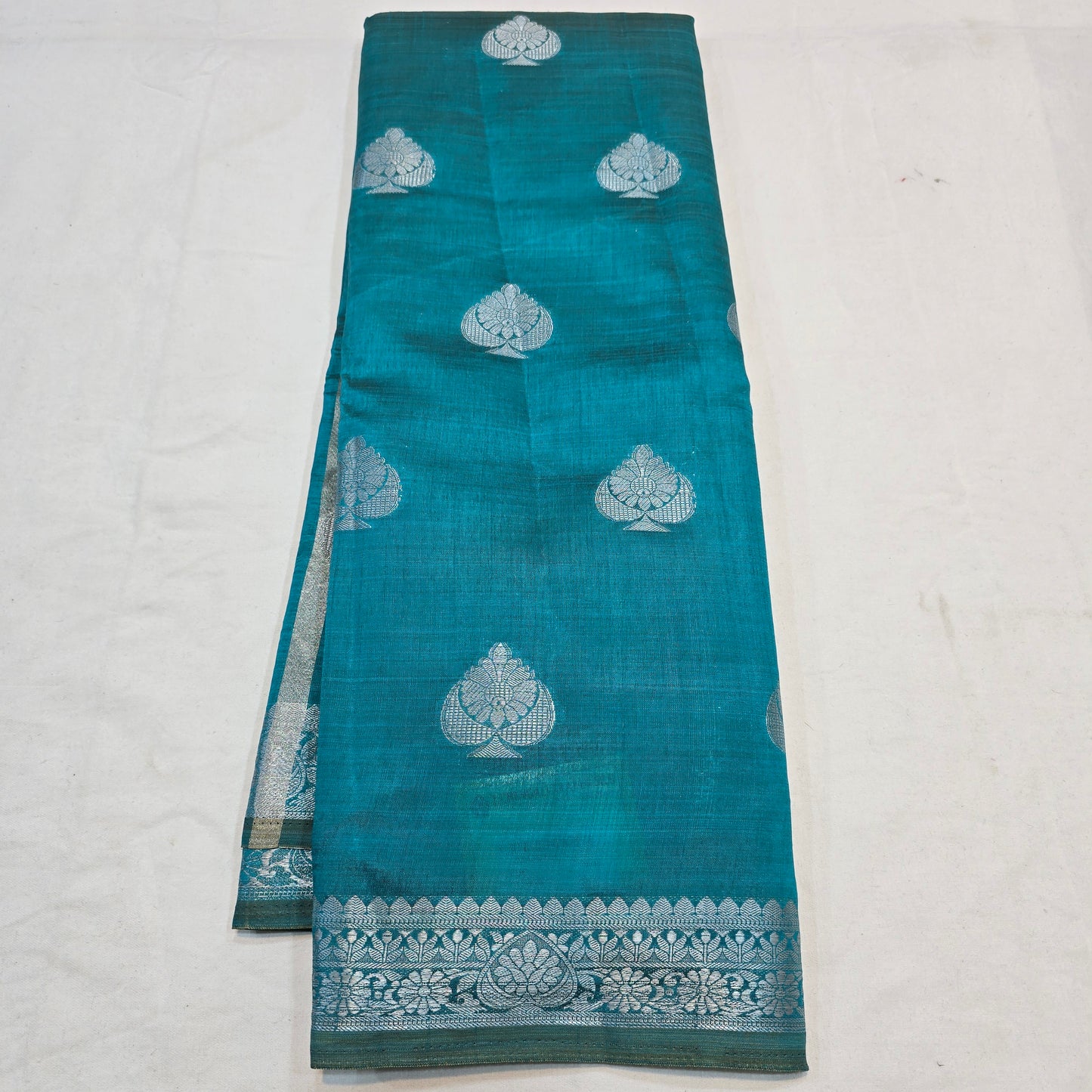 Rama Blue Color Saree with Silver Butta & Striped Pallu