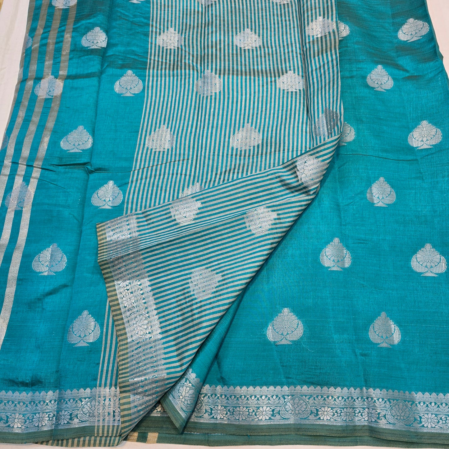 Rama Blue Color Saree with Silver Butta & Striped Pallu