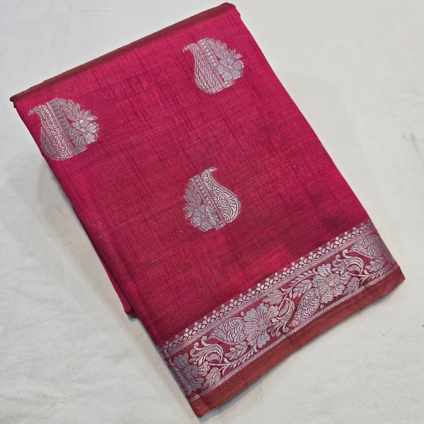 Deep Red Color Saree with Silver Butta & Striped Pallu