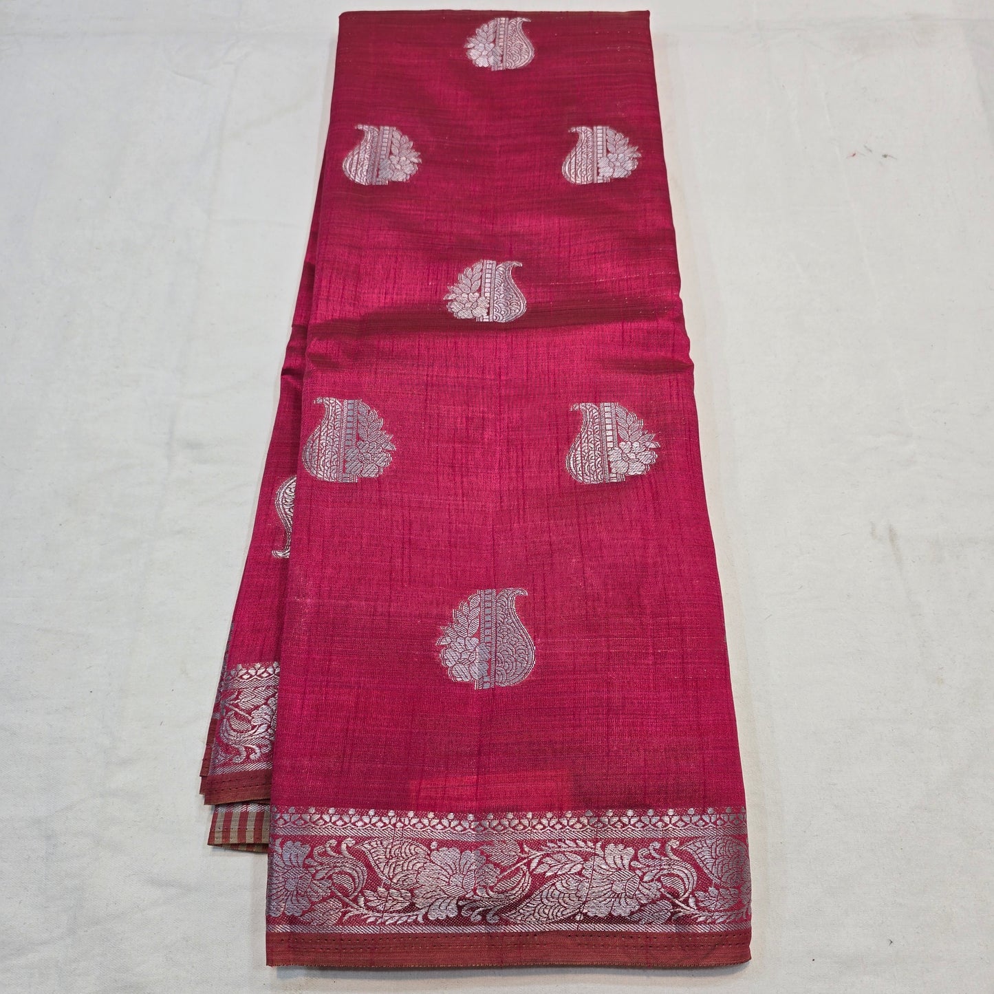 Deep Red Color Saree with Silver Butta & Striped Pallu