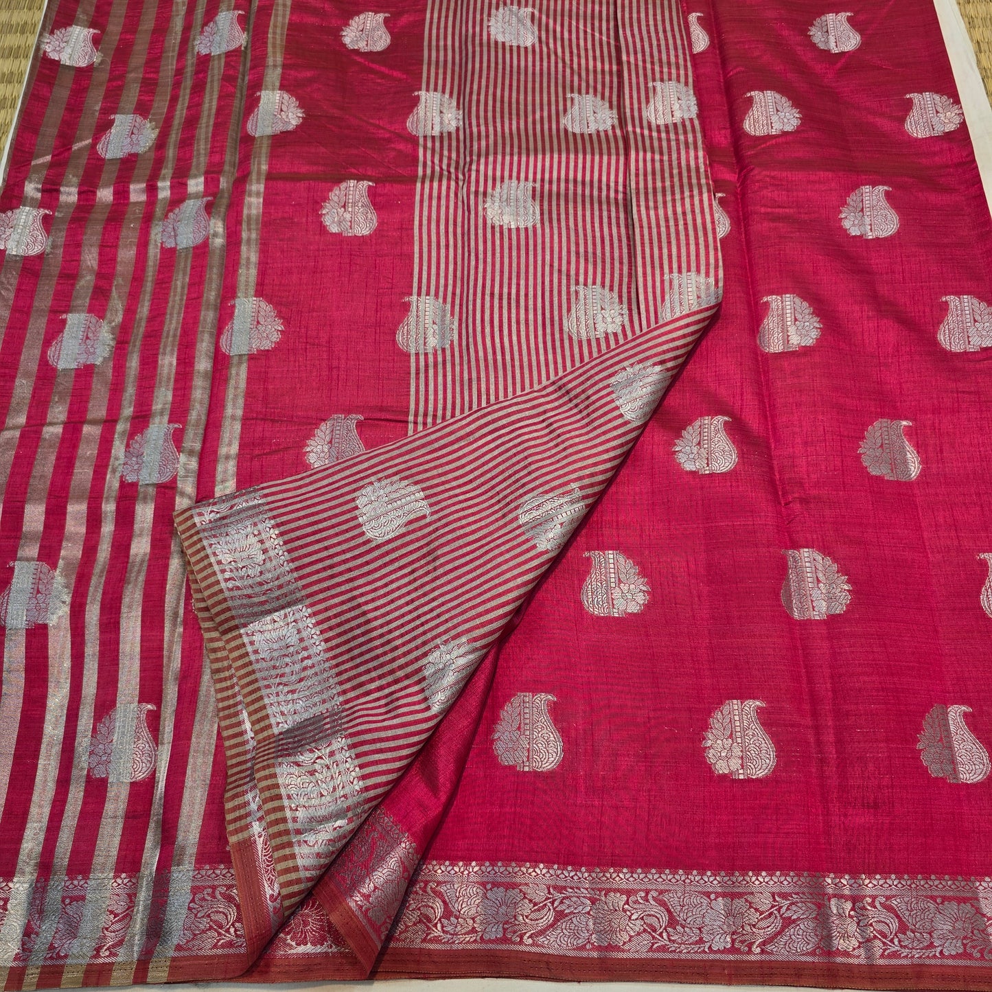 Deep Red Color Saree with Silver Butta & Striped Pallu