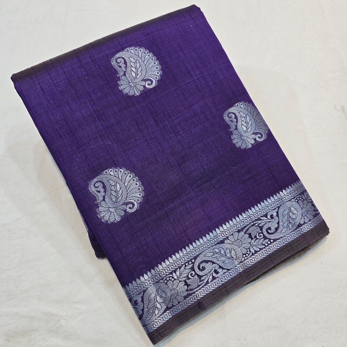 Purple Color Saree with Silver Butta & Striped Pallu