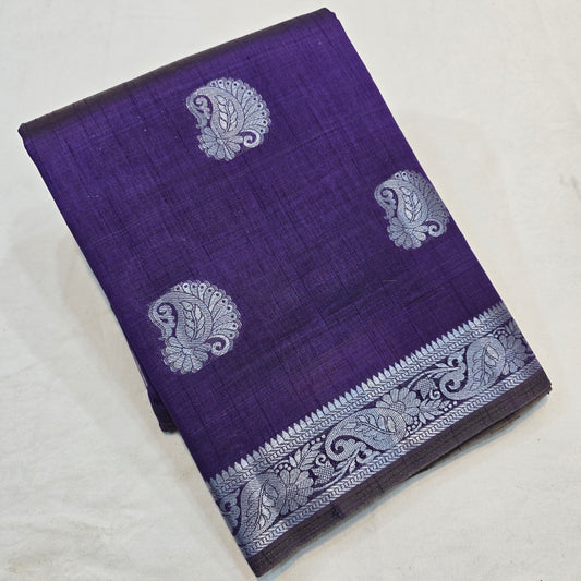Purple Color Saree with Silver Butta & Striped Pallu
