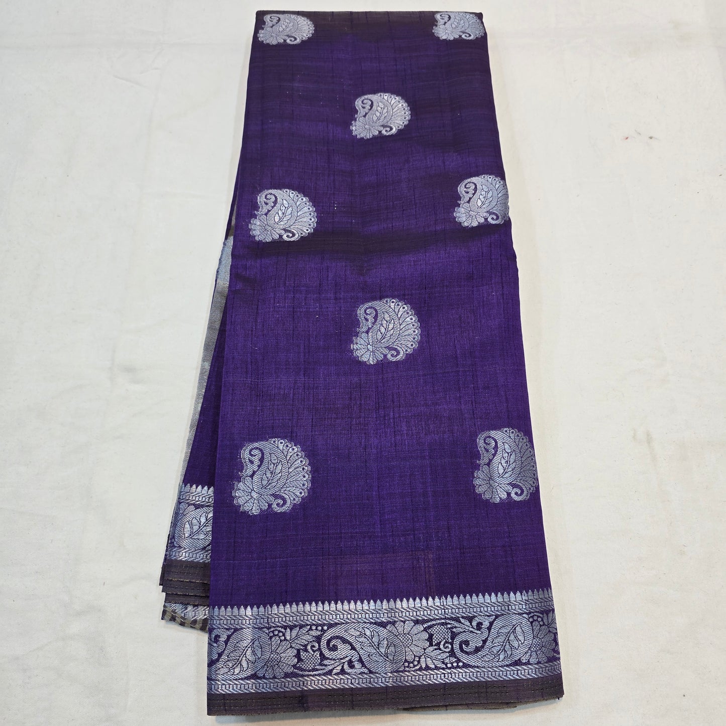 Purple Color Saree with Silver Butta & Striped Pallu