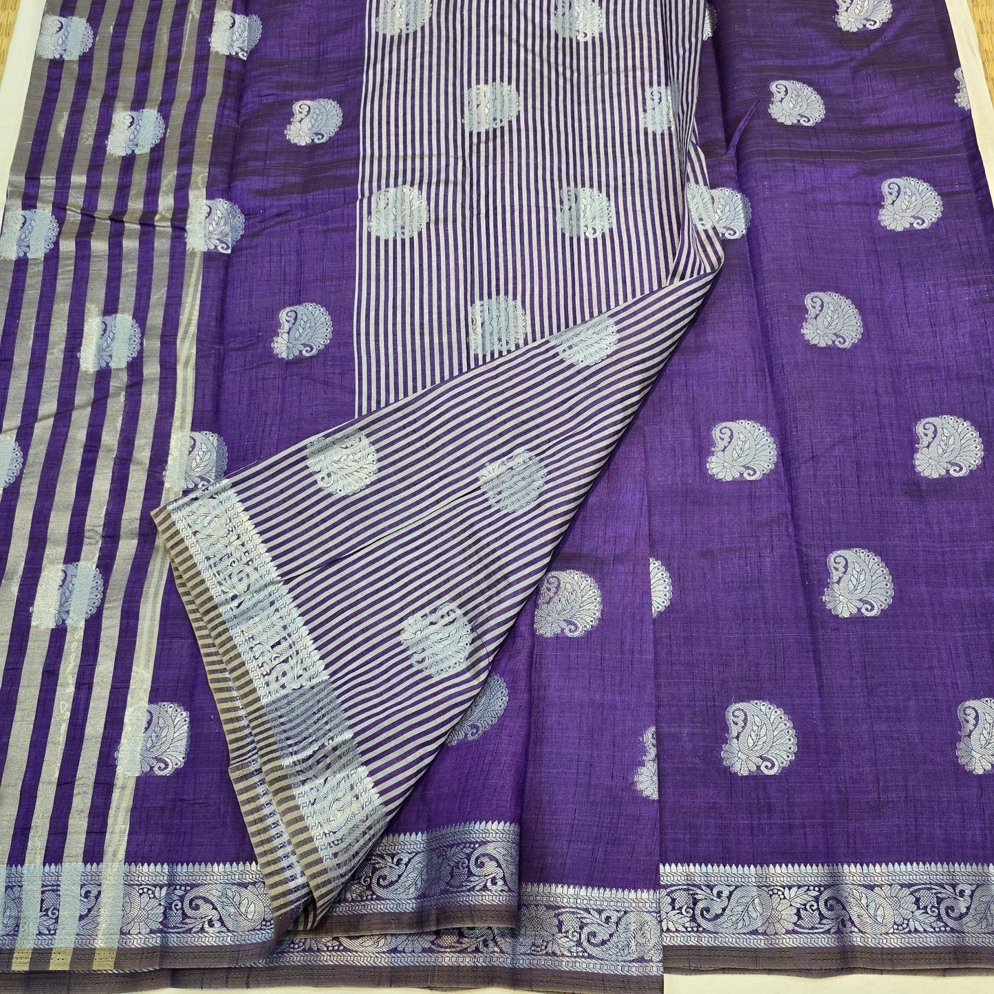Purple Color Saree with Silver Butta & Striped Pallu