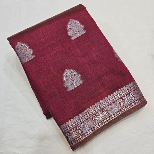 Maroon Color Saree with Silver Butta & Striped Pallu