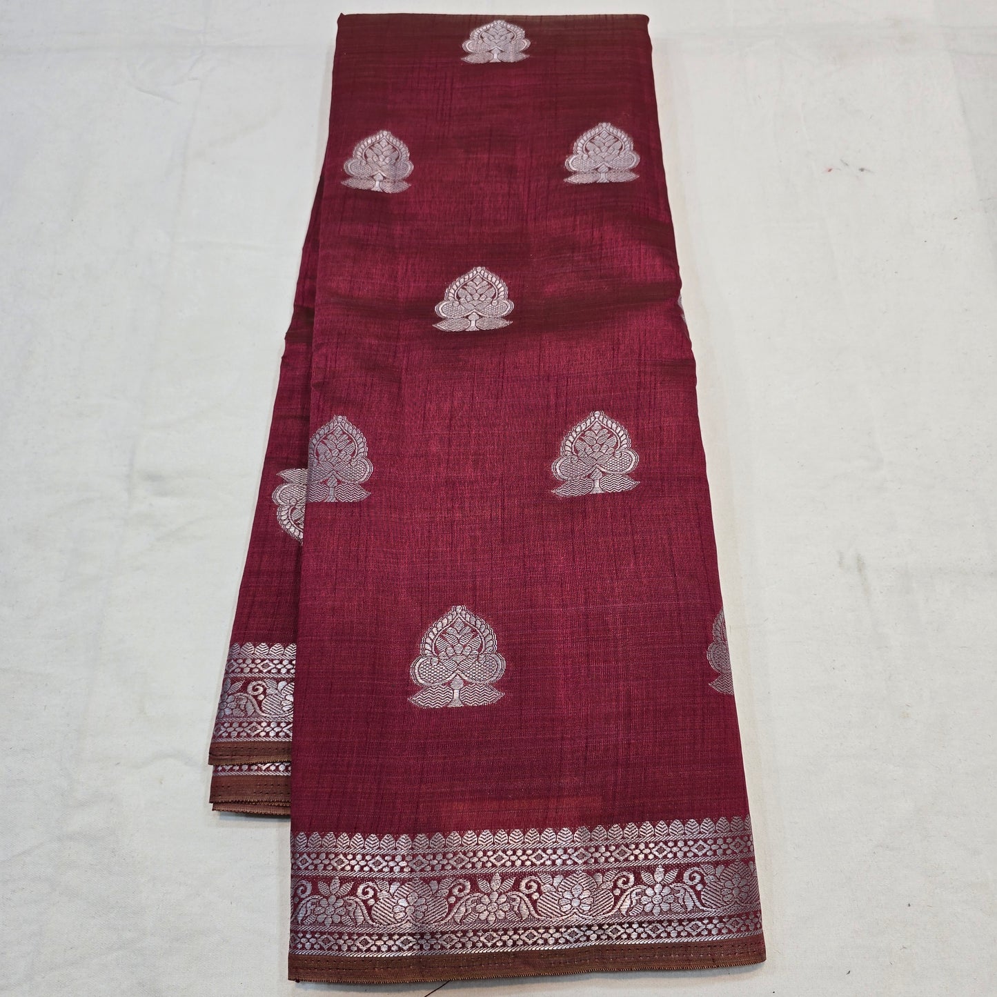 Maroon Color Saree with Silver Butta & Striped Pallu