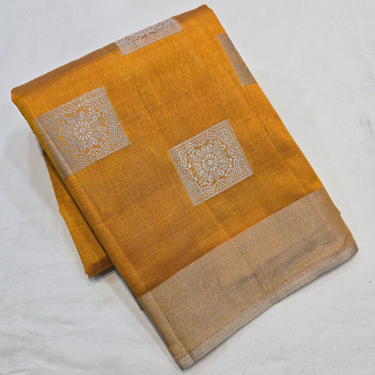 Mustard Tussar Fancy Saree with Silver Zari Checks & Striped Pallu