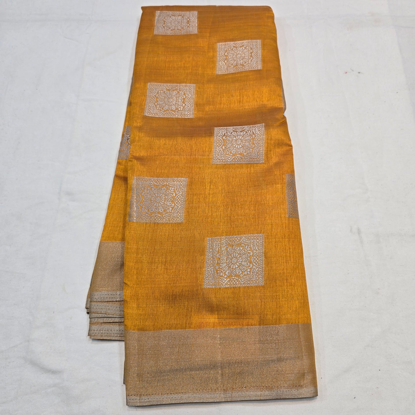Mustard Tussar Fancy Saree with Silver Zari Checks & Striped Pallu