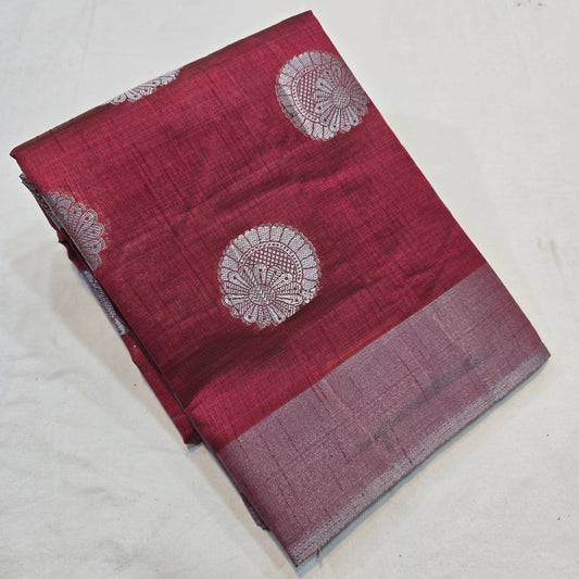 Maroon  Tussar Fancy Saree with Silver Zari Checks & Striped Pallu