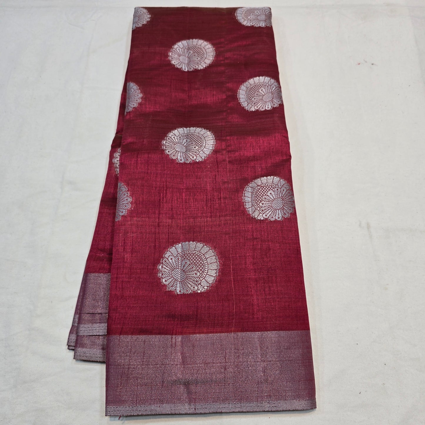 Maroon  Tussar Fancy Saree with Silver Zari Checks & Striped Pallu