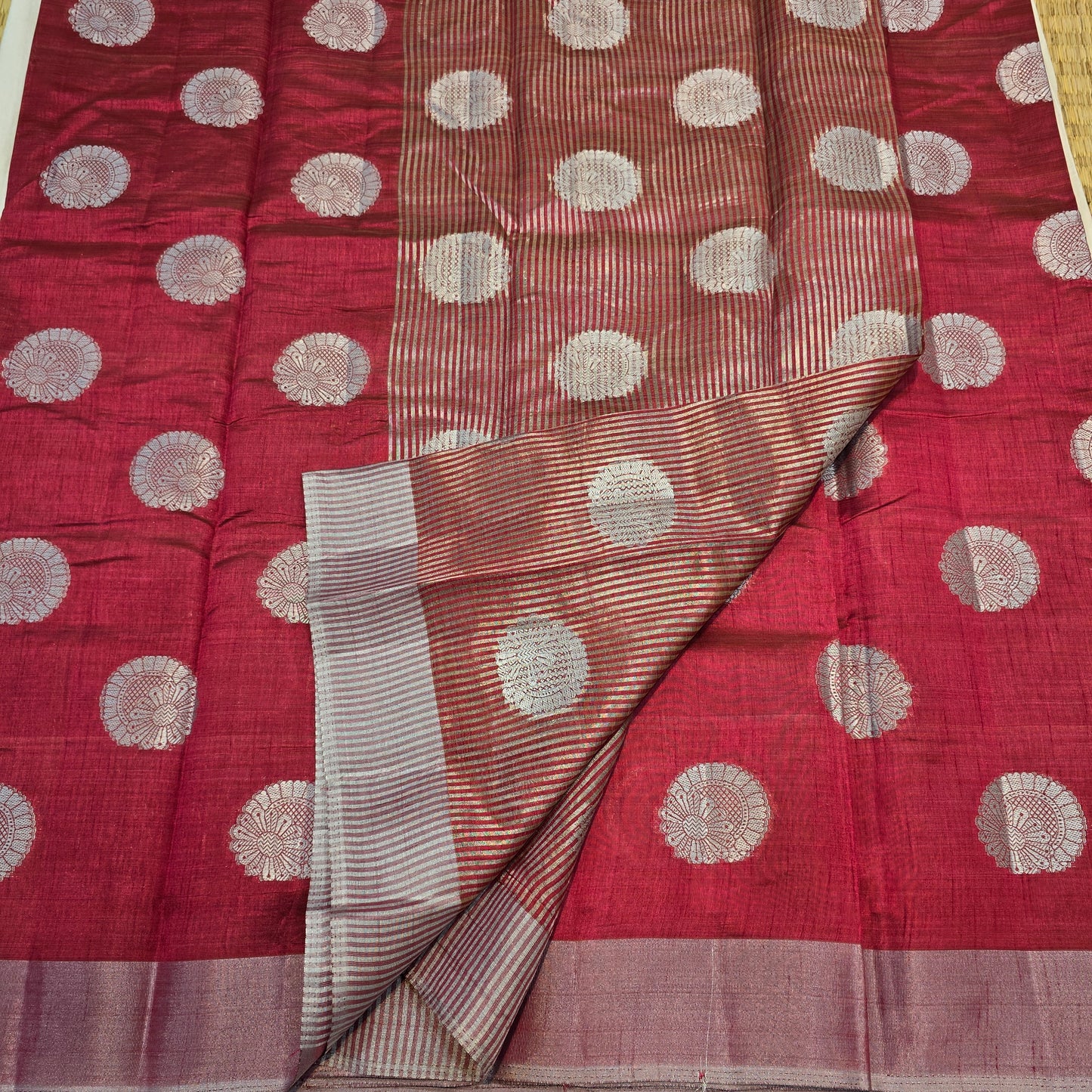 Maroon  Tussar Fancy Saree with Silver Zari Checks & Striped Pallu