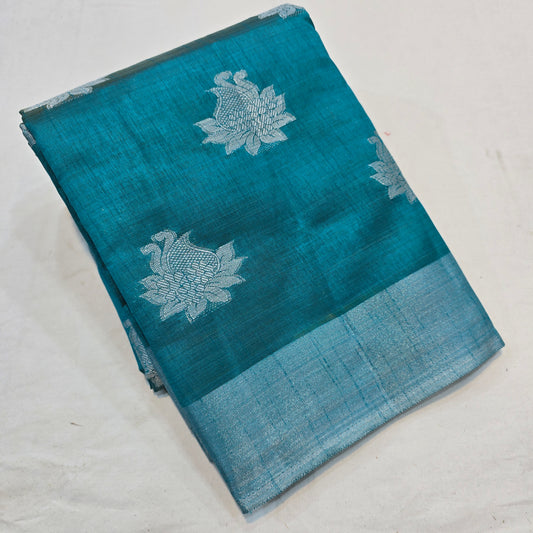 Peacock Blue Tussar Fancy Saree with Silver Zari Checks & Striped Pallu