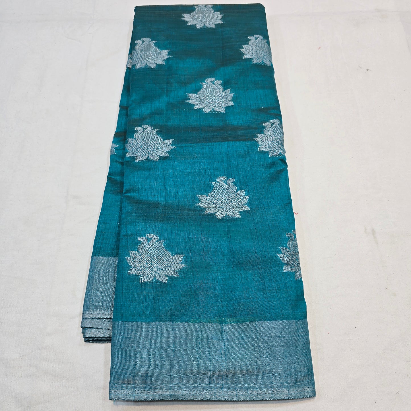 Peacock Blue Tussar Fancy Saree with Silver Zari Checks & Striped Pallu
