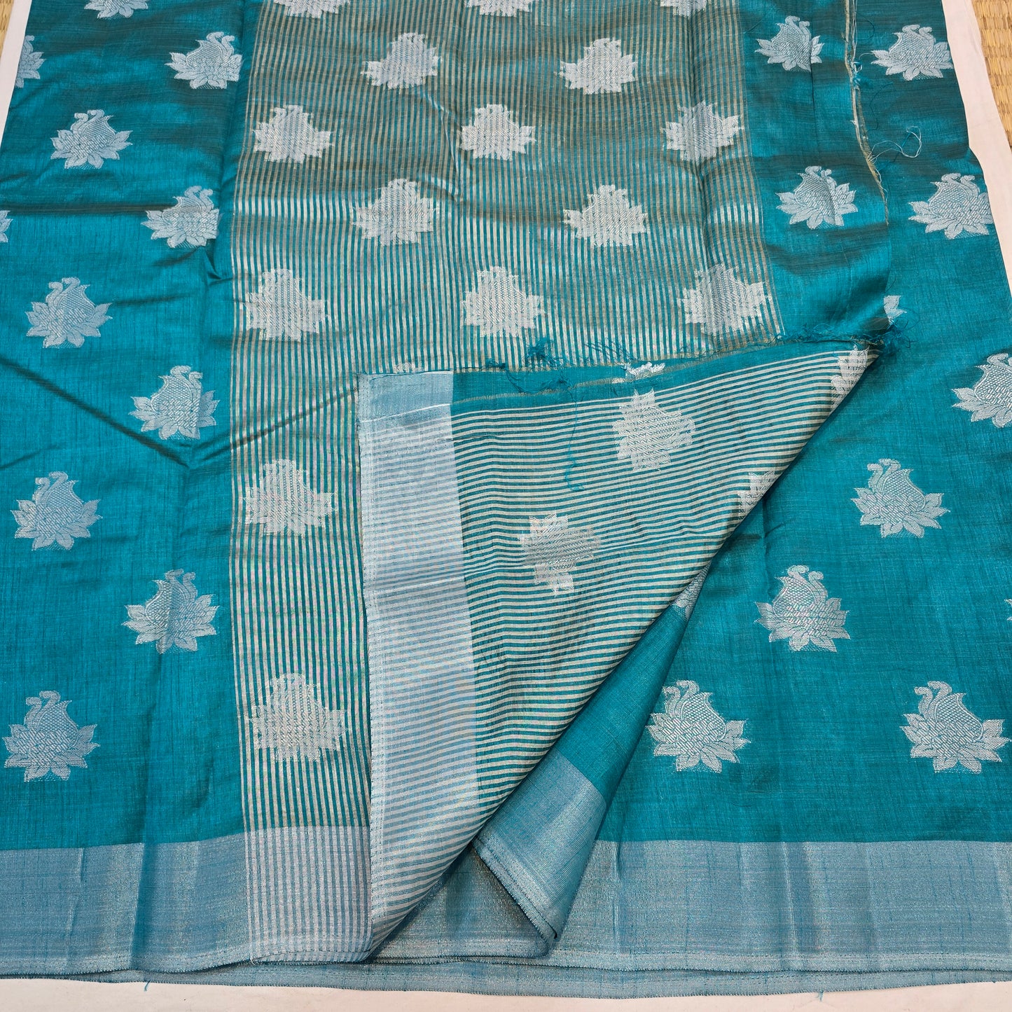 Peacock Blue Tussar Fancy Saree with Silver Zari Checks & Striped Pallu