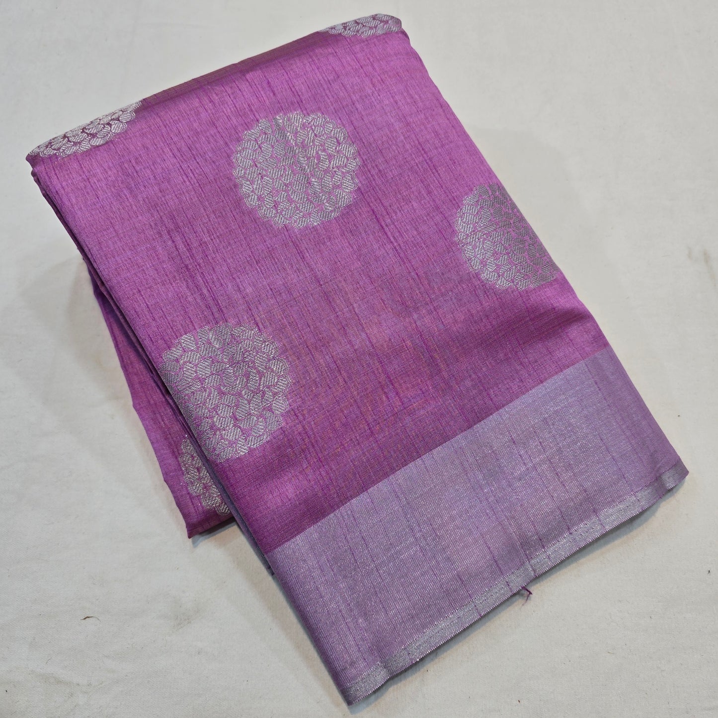 Purple Tussar Fancy Saree with Silver Zari Checks & Striped Pallu
