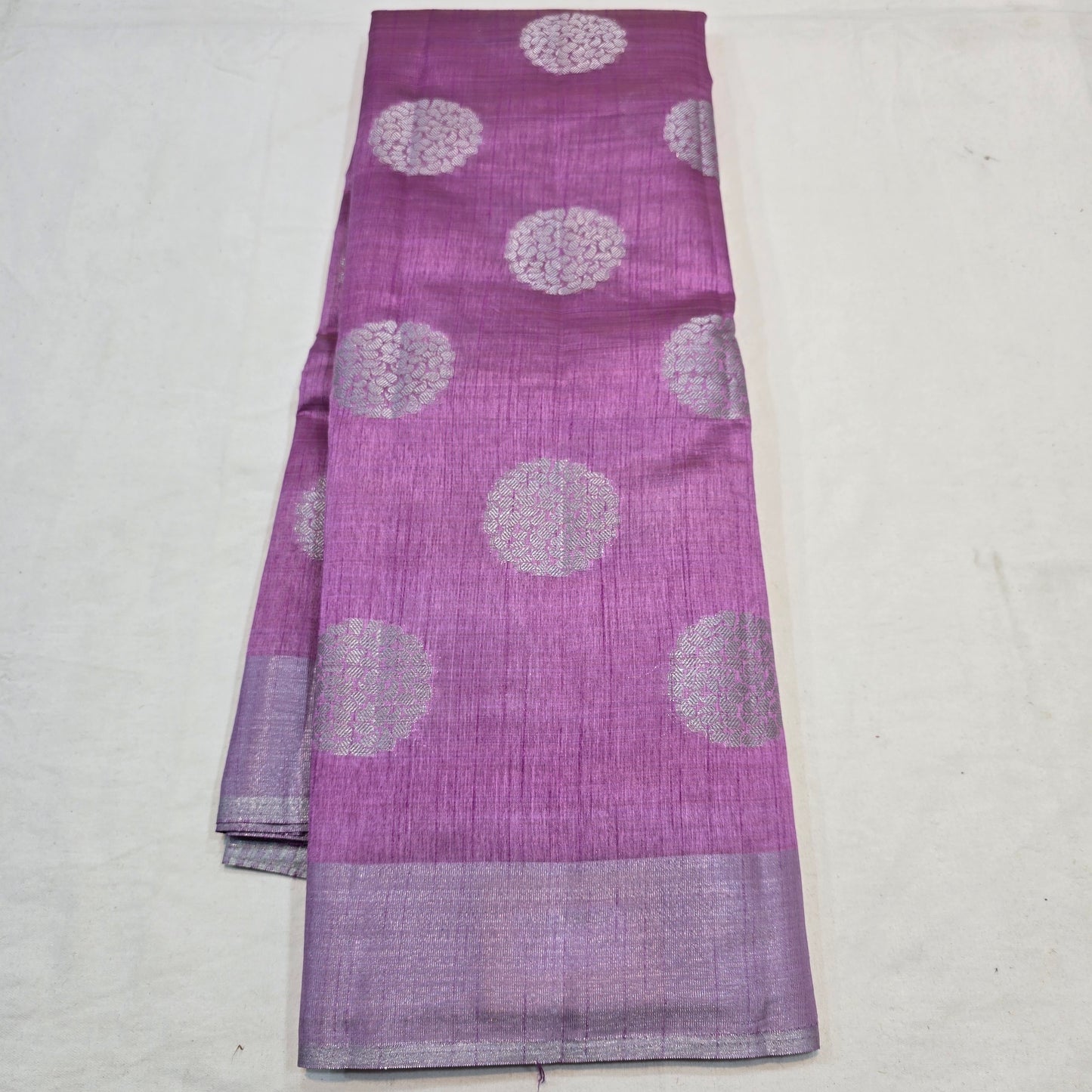 Purple Tussar Fancy Saree with Silver Zari Checks & Striped Pallu